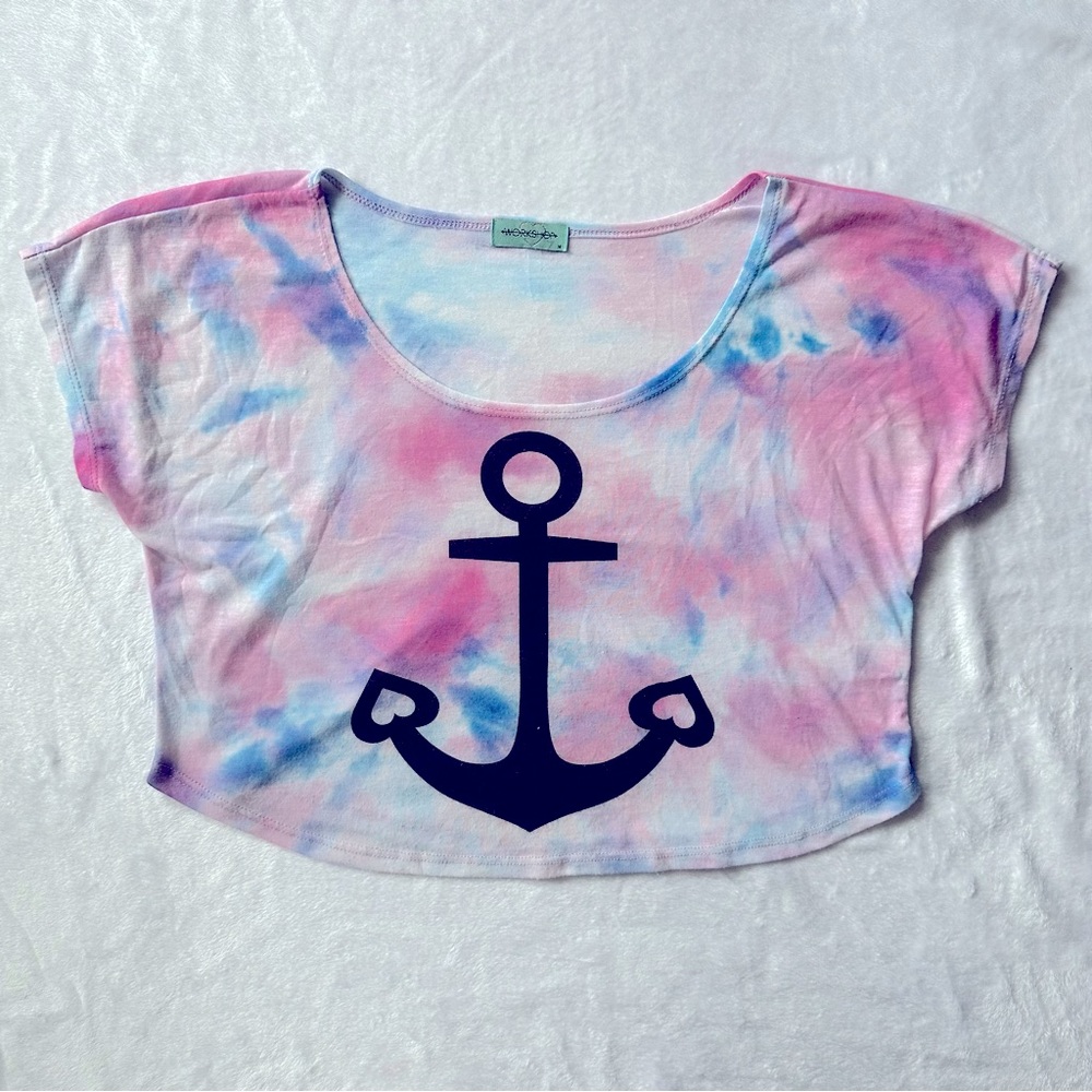 Workshop Anchor Tie Dye Short Sleeve Crop Top in Pink/Blue/White - Size Medium